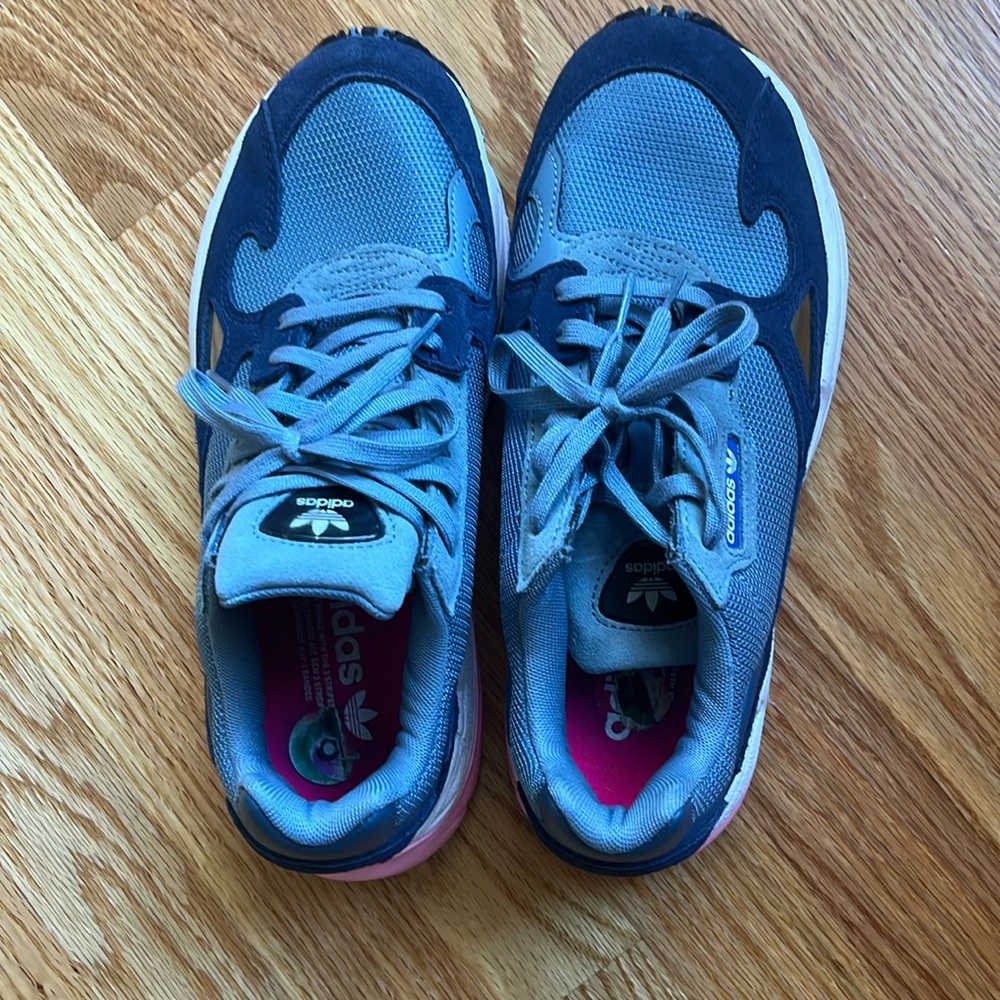 Adidas women’s size 8 blue with pink accents. Worn once but not outside
